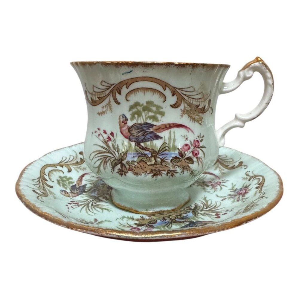 Vtg Paragon Cup & Saucer Swansea Series Bird Floral Gold Trim Fine Bone China